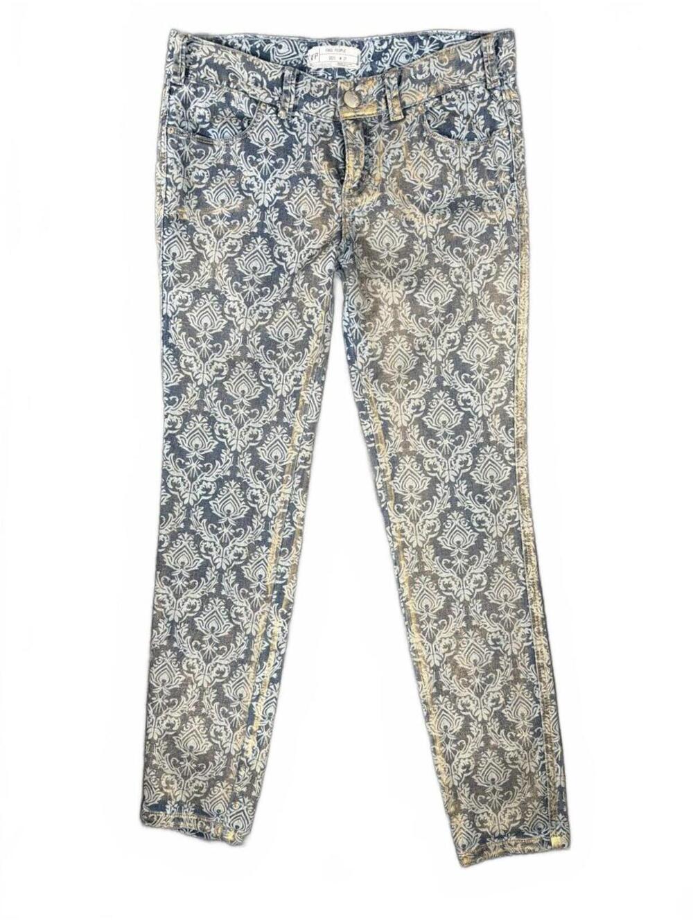 Free People Women's Damask Print Denim Jeans Gold Foil - Size 27 (Waist 31.5)